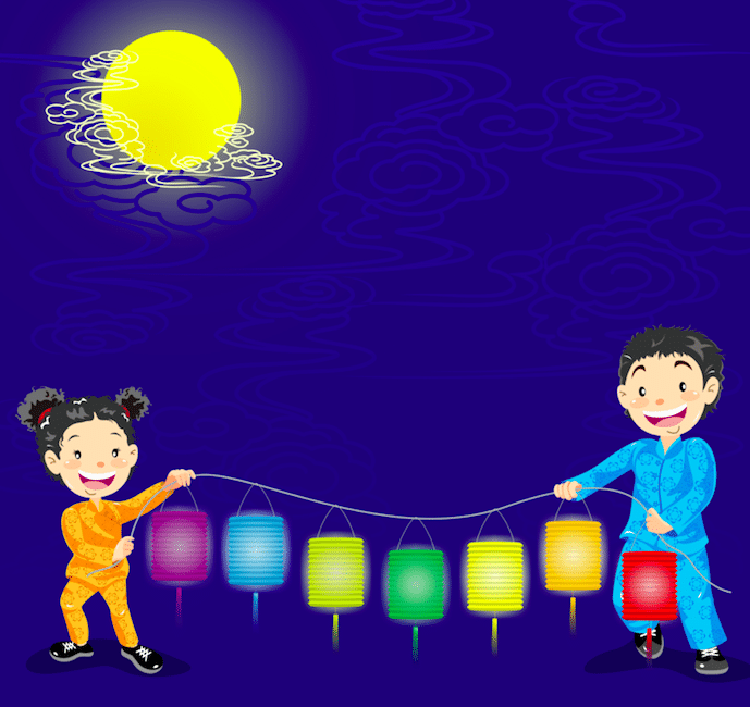 Illustration of children holding Chinese new year paper lanterns